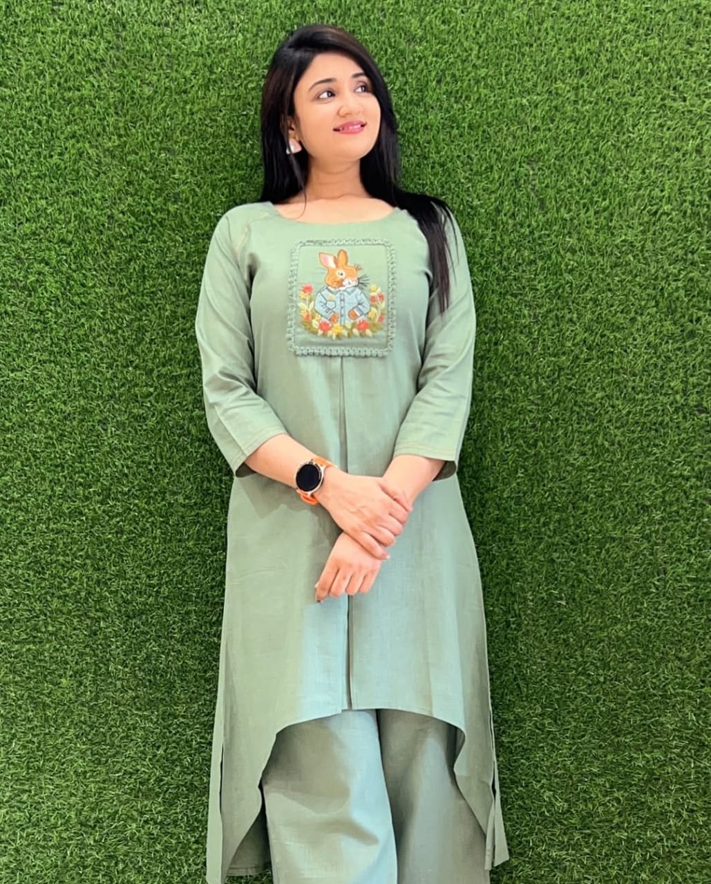 Green Cotton Slub Embroidered Tunic Set